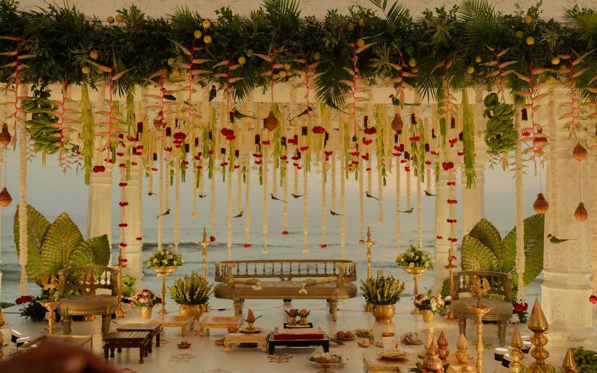 A floral wedding stage set up for a Hindu ceremony