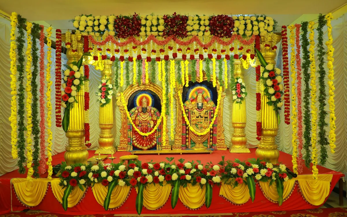 Decorated wedding mandap with fresh flowers at a Hindu ceremony