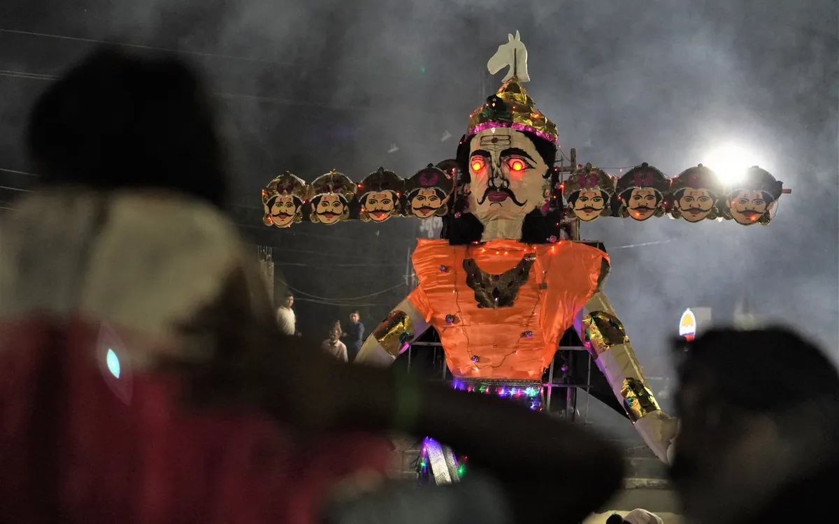 A Ravan effigy lit up at night for Dussehra
